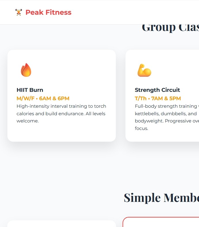 Preview of Peak Fitness gym landing page